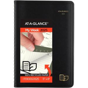 AT-A-GLANCE 2026 Appointment Book Planner, Weekly & Monthly, 7″ x 8-3/4″, Medium, Quarter-Hourly, Recycled, Black (70951G0526)(5″ x 8″)