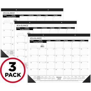AT-A-GLANCE 2026 Desk Calendar, Desk Pad, Monthly, 21-3/4″ x 17″, Large, Ruled Blocks, 3 Pack (AZSK240026)(2026 New Edition)