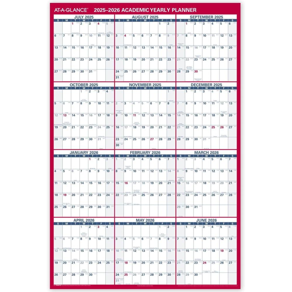 image:imageATAGLANCE Erasable Calendar 20252026 Dry Erase Wall Planner 48 x 32 Extra Large Academic Year Double Sided HorizontalVerical PM36AP2820252026