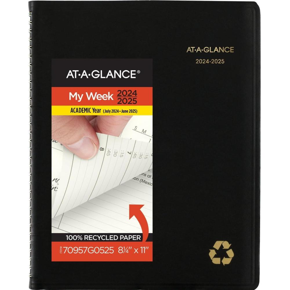 image:imageATAGLANCE Planner 20252026 Academic Weekly amp Monthly QuarterHourly Appointment Book 814 x 11 Large Monthly Tabs Flexible Cover Recycled Black 70957G0520242025
