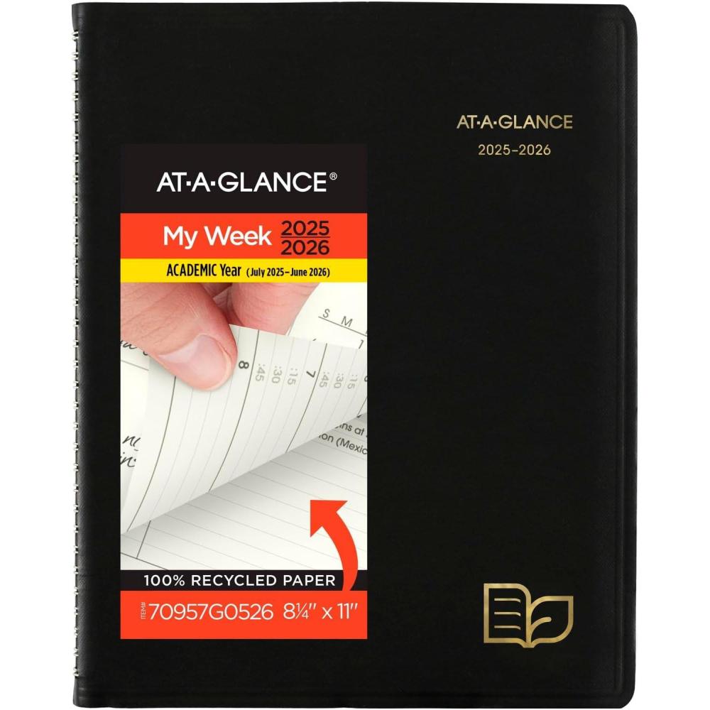 image:imageATAGLANCE Planner 20252026 Academic Weekly amp Monthly QuarterHourly Appointment Book 814 x 11 Large Monthly Tabs Flexible Cover Recycled Black 70957G0520252026
