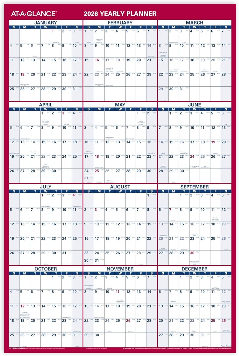 image:imageATAGLANCE 2026 Erasable Calendar Dry Erase Wall Planner 36 x 24 Large VerticalHorizontal Reversible Includes Marker PM2628262026 New Edition