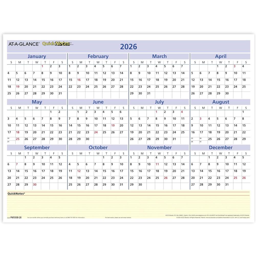 image:imageATAGLANCE 2026 Erasable Calendar Dry Erase Wall Planner 16 x 12 Medium Reversible QuickNotes PM550B28262026 New Edition