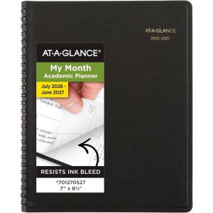 AT-A-GLANCE Planner 2025-2026 Academic, Monthly Appointment Book, 7″ x 8-3/4″, Medium, Flexible Cover, Black (7012705)(2026-2027)