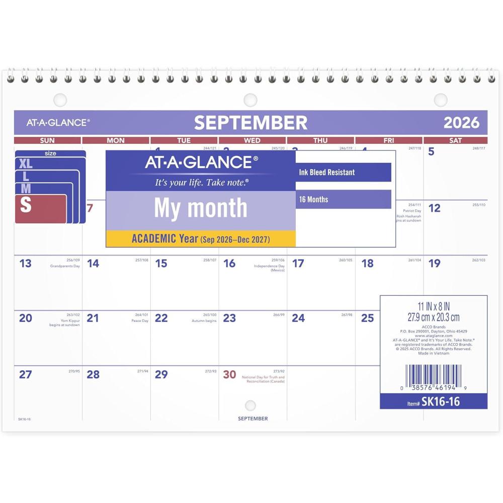 image:imageATAGLANCE Wall Calendar 20262027 Planning Pad Academic 16Month SeptemberDecember Monthly 11 x 8 Ruled Daily Blocks SK161620262027
